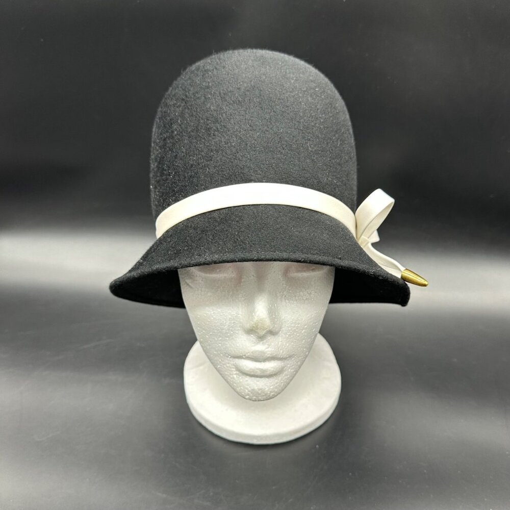 Vintage Wool Felt Hat Mid Century Black White Bucket Superbe Union Made Womens - Picture 5 of 9